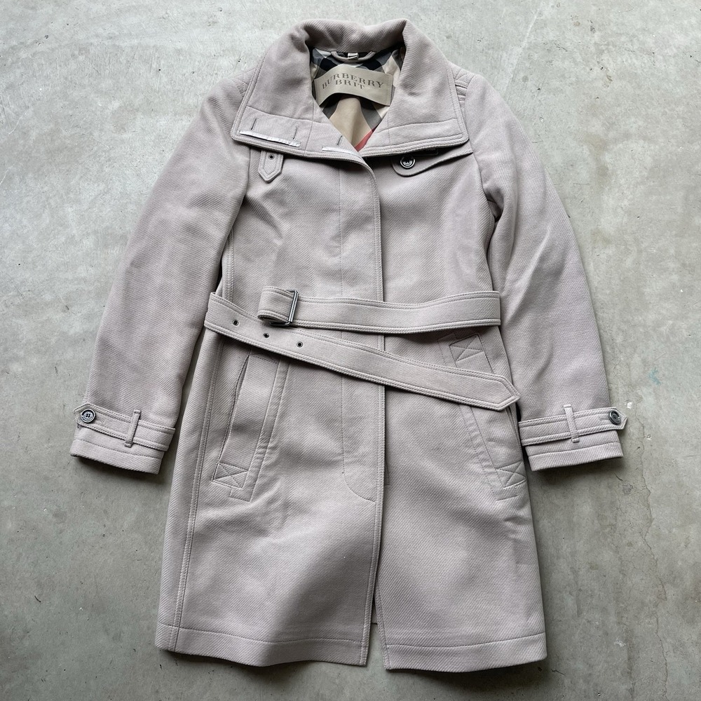 Burberry Brit Wool Cashmere Belted Coat Nova Check Lined Womens Beige‎ Size 6